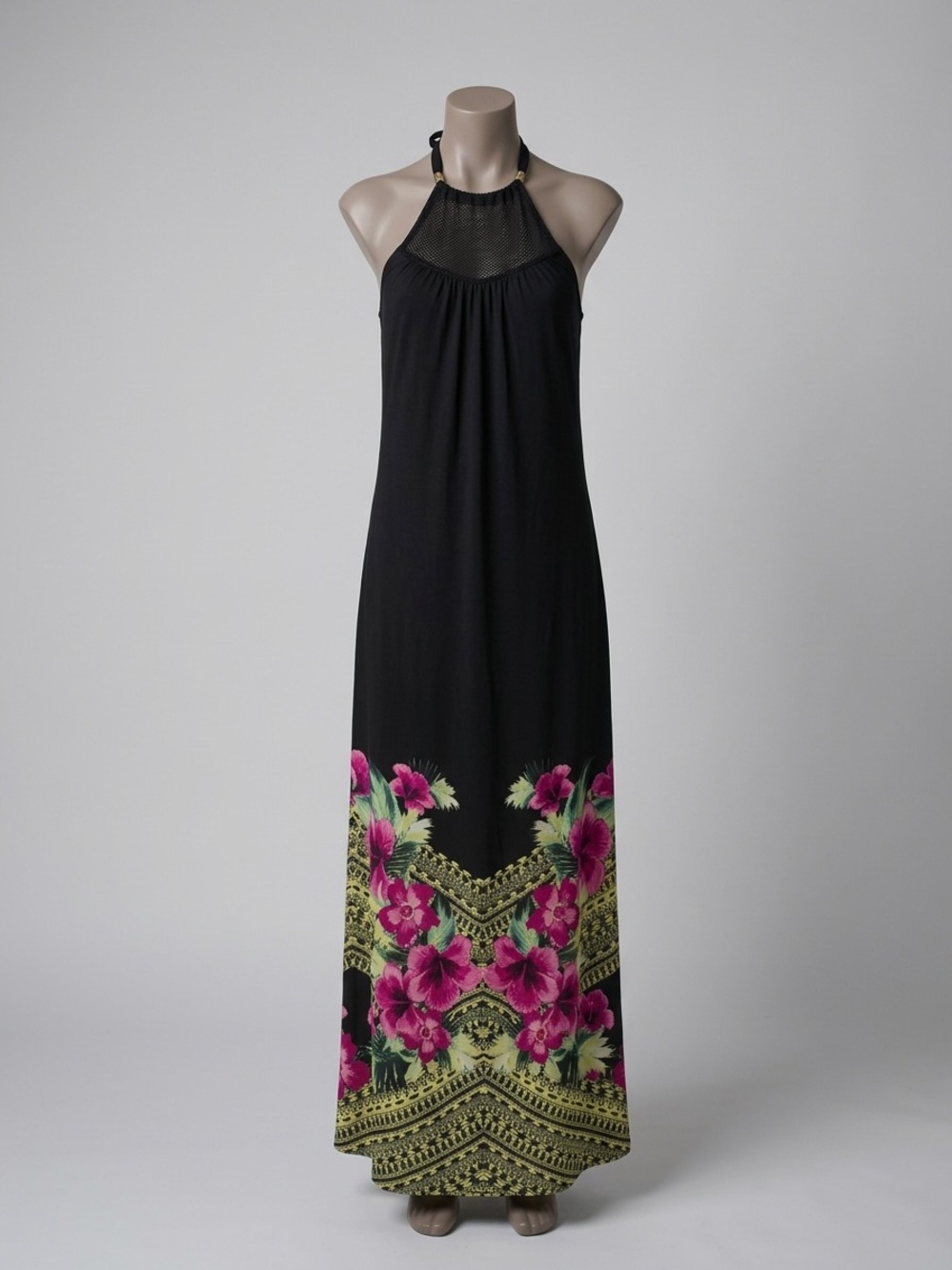 Rip Curl Black Tropical Floral Halter Maxi Dress Mesh Neck Size Large